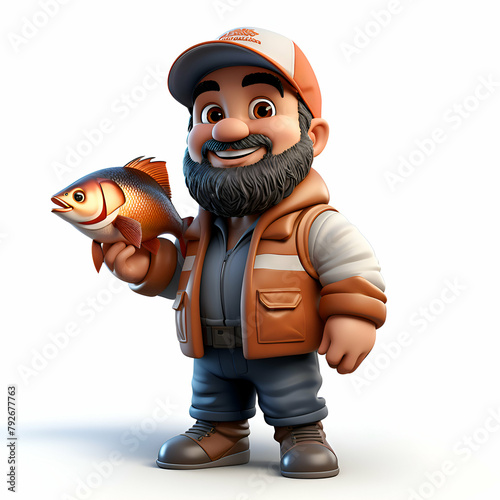 3d rendered illustration of a fisherman cartoon character with a big fish photo