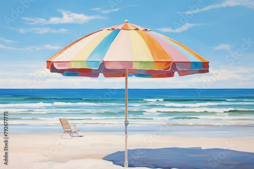 A vibrant beach umbrella stands tall against a backdrop of sun-kissed shores and skies, its colorful canopy providing welcome shade on a hot summer day © JetHuynh