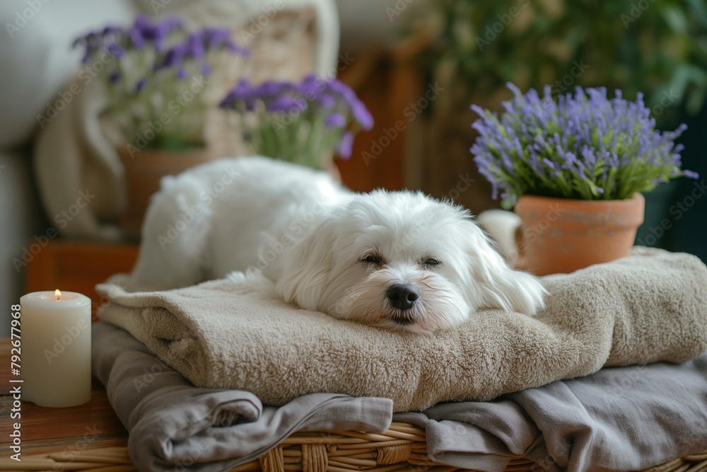 Relaxed White Bichon Dog Enjoying a Spa Day with Candles and Flowers, Canine Aromatherapy Relaxed White Bichon Dog Enjoying a Spa Day with Candles and Flowers, Canine Aromatherapy