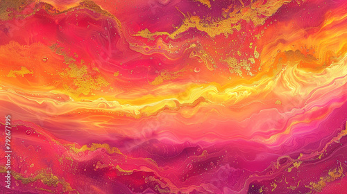 A vibrant sunset in fluid art, with hot pinks, oranges, and gold resembling the sky on fire. Ideal for rooms needing a splash of color. photo