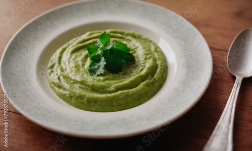 Vibrant Green Puree Served in a White Bowl