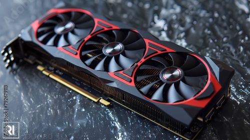 A sleek and powerful graphics card with multiple fans and advanced cooling technology, representing high-performance gaming on a solid background photo