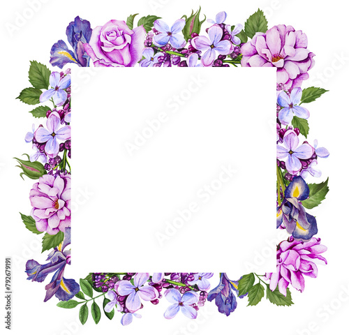 Frame of flowers for congratulations. Border illustration with bright peonies, green leaves, purple lilac and blue iris flowers. Botanical watercolor for vintage wedding design, greetings, cards, prin
