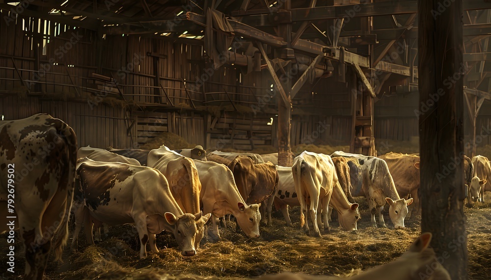 A Herd of Cows Feeding Peacefully in a Barn, Exemplifying Agricultural Farming of Livestock for Dairy and Beef Production A Herd of Cows Feeding Peacefully in a Barn, Exemplifying Agricultural Farming of Livestock for Dairy and Beef Production