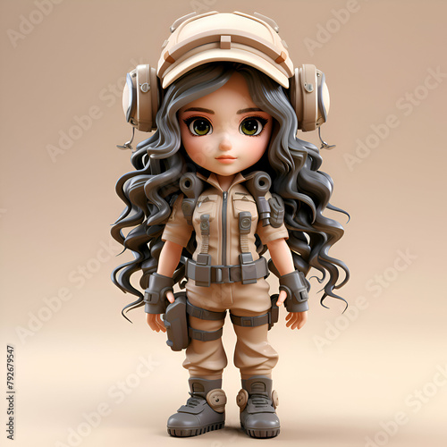 Cartoon girl with a military helmet and headphones   3D illustration photo