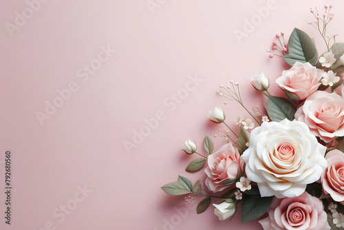 Various flowers arranged behind on a clean pastel pink background, Mother's Day and romantic celebration design concept