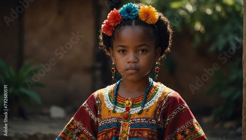 beautiful african kid girl wearing traditional mexican clothing huipil from Generative AI
