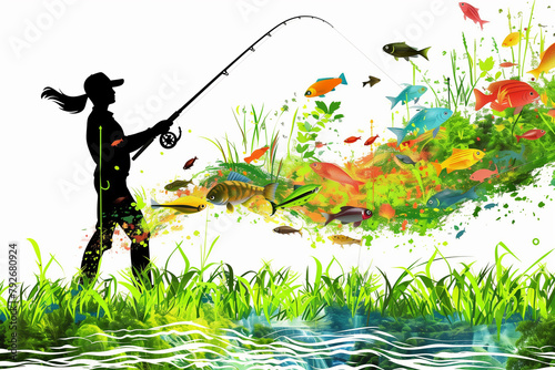 The bright silhouette of a fisherwoman casting a line amidst a splash of colorful abstract fish on a white background conveys a creative and dynamic fishing experience.
