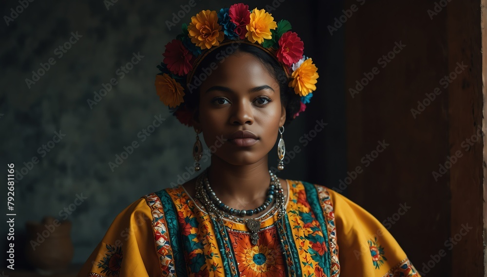 beautiful african young woman wearing traditional mexican clothing huipil from Generative AI