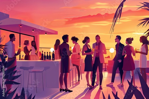 A chic rooftop party scene at sunset with a group of people socializing and enjoying drinks at the bar. Generative AI