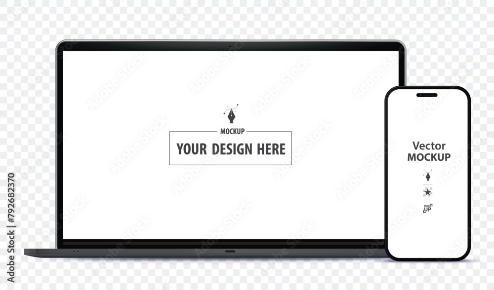 Naklejka premium Mobile Phone and Laptop Computer Mockup. Digital devices screen template vector illustration with transparent background.