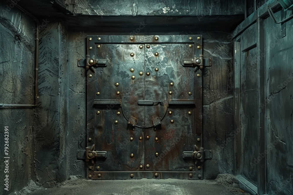 A massive safe door with numerous rivets, leading to an underground facility. Generative AI A massive safe door with numerous rivets, leading to an underground facility. Generative AI