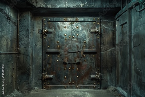 A massive safe door with numerous rivets, leading to an underground facility. Generative AI