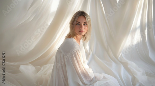 A young blonde woman in a white light dress surrounded by a silk white cloth
