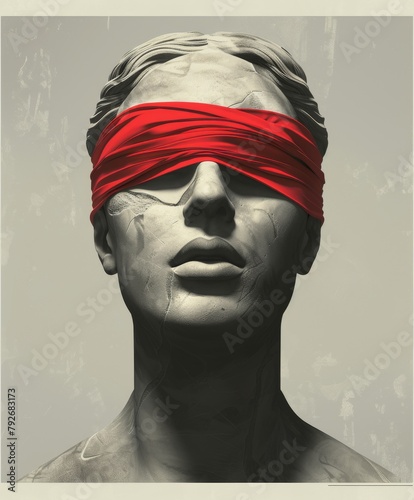 Artistic rendition of a Greco-Roman bust with a red blindfold, symbolizing obscured vision or justice photo