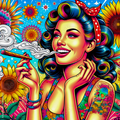 Digital art of a psychedelic classic smiling pin up girl smoking a blunt © The A.I Studio