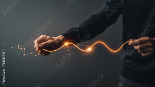 Hand interacting with a glowing line graph, corporate performance, economic trends, business and technology industries, market manipulation.