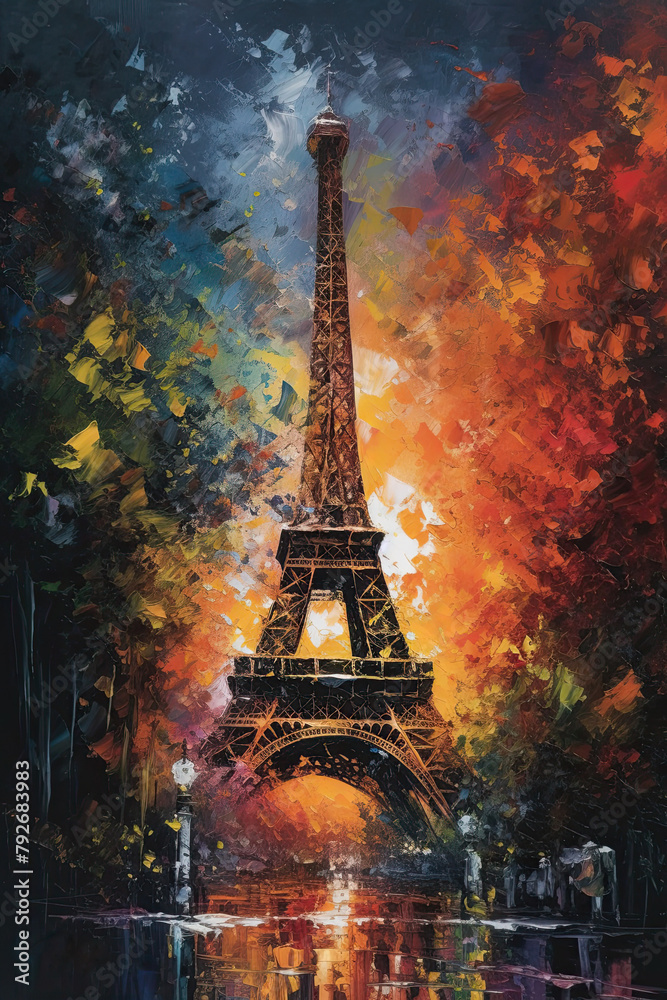 Impressionistic Eiffel Tower, painted poster. Bright colorful illustration