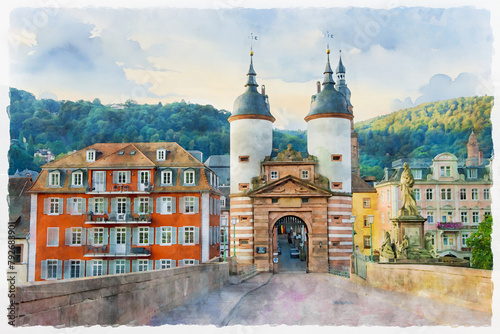 Gate of the Karl-Theodor-Bridge (Old Bridge) in Heidelberg, Germany. Watercolor painting.