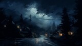 A Tranquil yet Stormy Rural Scene with Lightning Illuminating a Rainy Street at Night