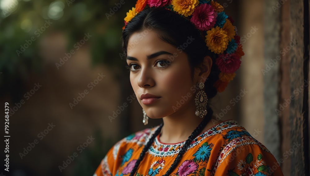 beautiful hispanic young woman wearing traditional mexican clothing huipil from Generative AI