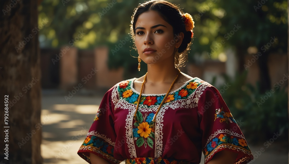 beautiful hispanic young woman wearing traditional mexican clothing huipil from Generative AI