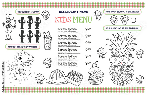 Template children's menu for restaurants and cafes. Placemat with interesting tasks for children. 17x11 inch printable vector file
