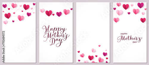 Mother's day vertical banners. Template for social media. Pink paper hearts decoration. Mothers day calligraphy. Love frame, border. String ornaments on white background. Vector.