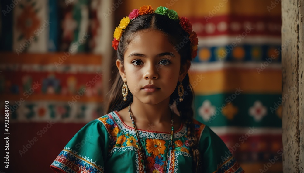 beautiful kid girl wearing traditional mexican clothing huipil from Generative AI