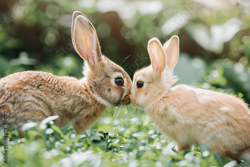 Two rabbits are kissing each other in a grassy field