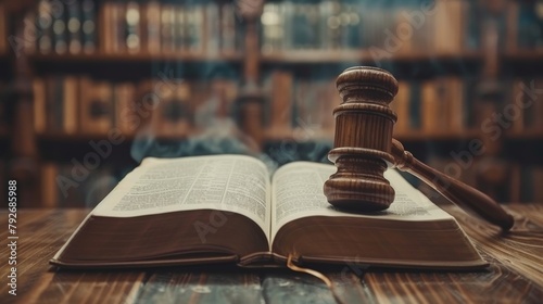 In a courtroom scene, an open law book and a wooden gavel symbolize justice in the legal system. This concept encompasses the legal system, justice, courtroom proceedings, law books, and the use of th photo