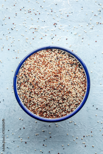 Quinoa mix. Mixed white, red and black quinoa seeds in a bowl, shot from above