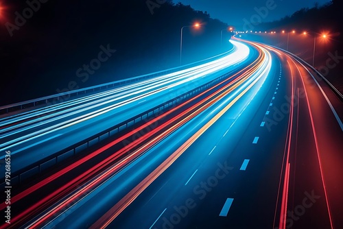 a dynamic image of light trails on a highway at night with vibrant blue and red streaks against a dark backdrop