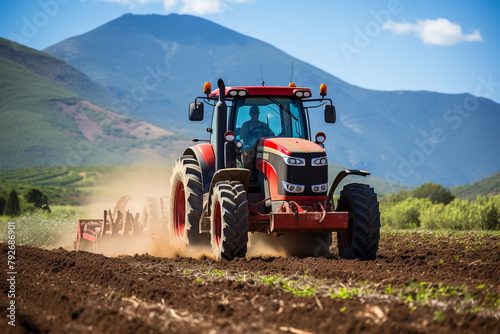 Tractor cultivating field at spring