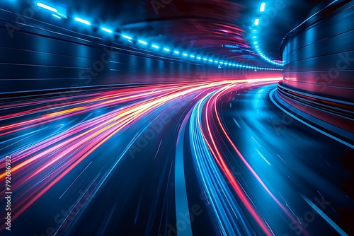 a dynamic image of light trails on a highway at night with vibrant blue and red streaks against a dark backdrop © antusher