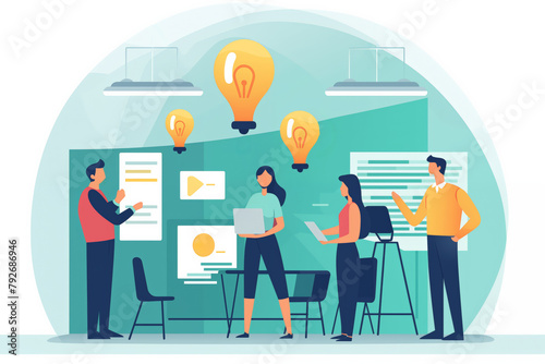 Business graphic vector modern style illustration of a business person in a workplace environment having lightbulb moment bright ideas collaborate work together brainstorming solution successful