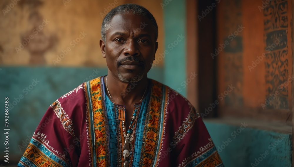 handsome african middleaged man wearing traditional mexican clothing huipil from Generative AI