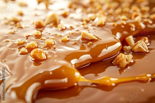 smooth caramel with crushed peanuts on top, detailed texture, close-up shot