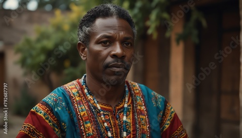 handsome african middleaged man wearing traditional mexican clothing huipil from Generative AI