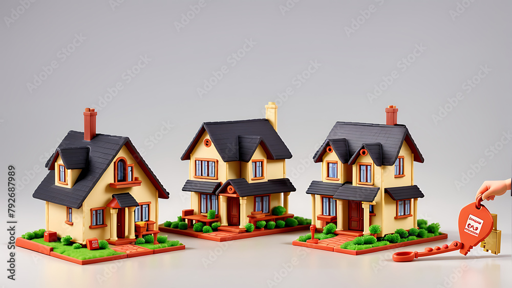 A small toy detailed model of house and pair of real keys is side of house with an isolated background and copyspace, Home loan or Home security concept image, A small toy detailed model of house and pair of real keys is side of house with an isolated background and copyspace, Home loan or Home security concept image,