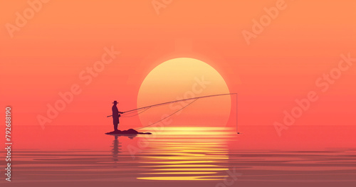 Silhouette of a lone fisherman on a paddleboard against a serene coral sunset, with ample copy space for text on the calming waterscape.