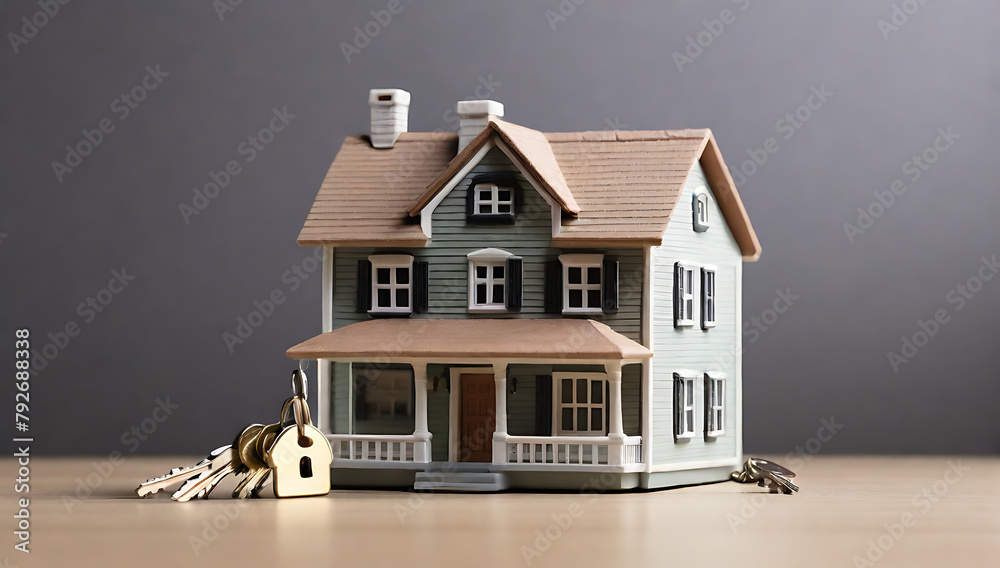 A small toy detailed model of house and pair of real keys is side of house with an isolated background and copyspace, Home loan or Home security concept image, 