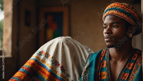 handsome african young man wearing traditional mexican clothing huipil from Generative AI