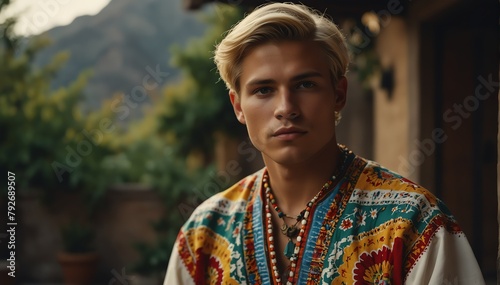 handsome blonde young man wearing traditional mexican clothing huipil from Generative AI