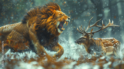 lion hunting deer in the wild