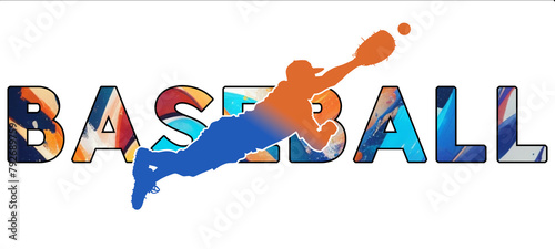Isolated text BASEBALL on Withe Background - Color Icon Gradient Silhouette Figure of a Male Fielder Diving to Catch Ball