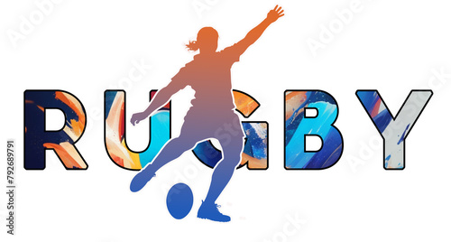 Isolated text RUGBY on Withe Background - Color Icon Gradient Silhouette Figure of a Female or Woman Place or Drop Kick Ball