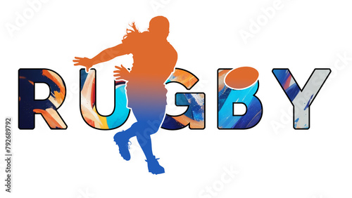 Isolated text RUGBY on Withe Background - Color Icon Gradient Silhouette Figure of a Female or Woman Scrumhalf Passing Ball