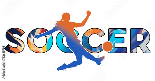 Isolated text SOCCER on Withe Background - Color Icon Gradient Silhouette Figure of a Female or Woman Shooting for Goal