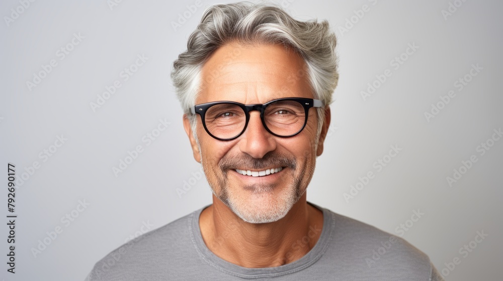 Obraz premium attractive middle aged man in white mock-up T-Shirt, looking into camera